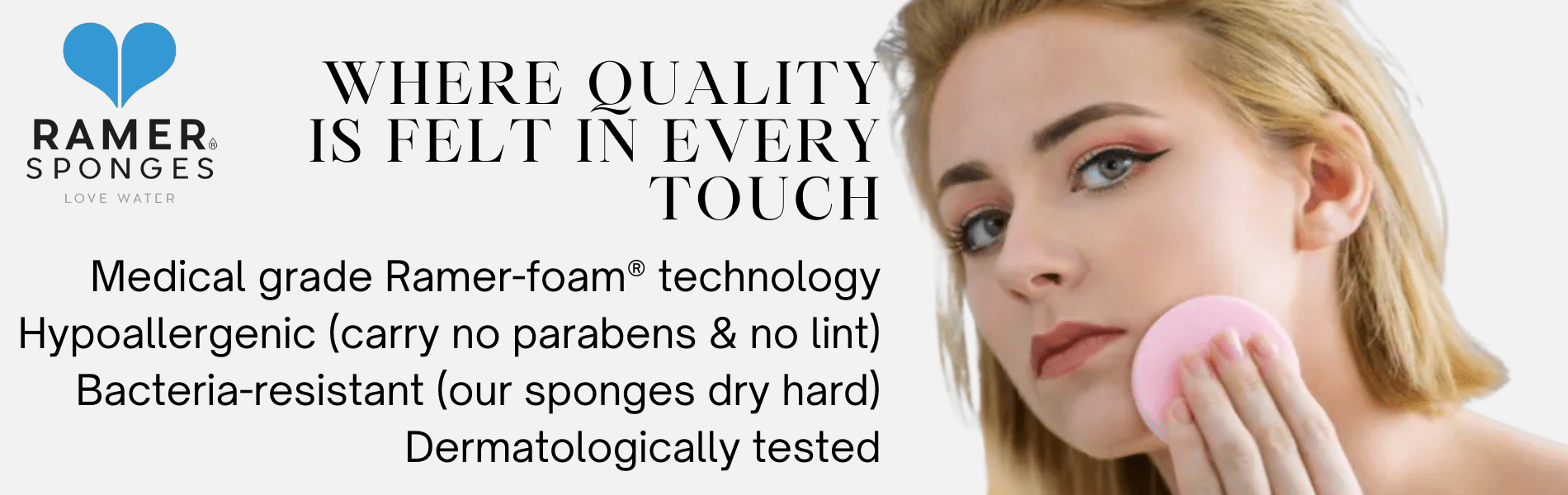 beautiful woman examines her soft skin because she has used an ultra soft Ramer cosmetic sponge