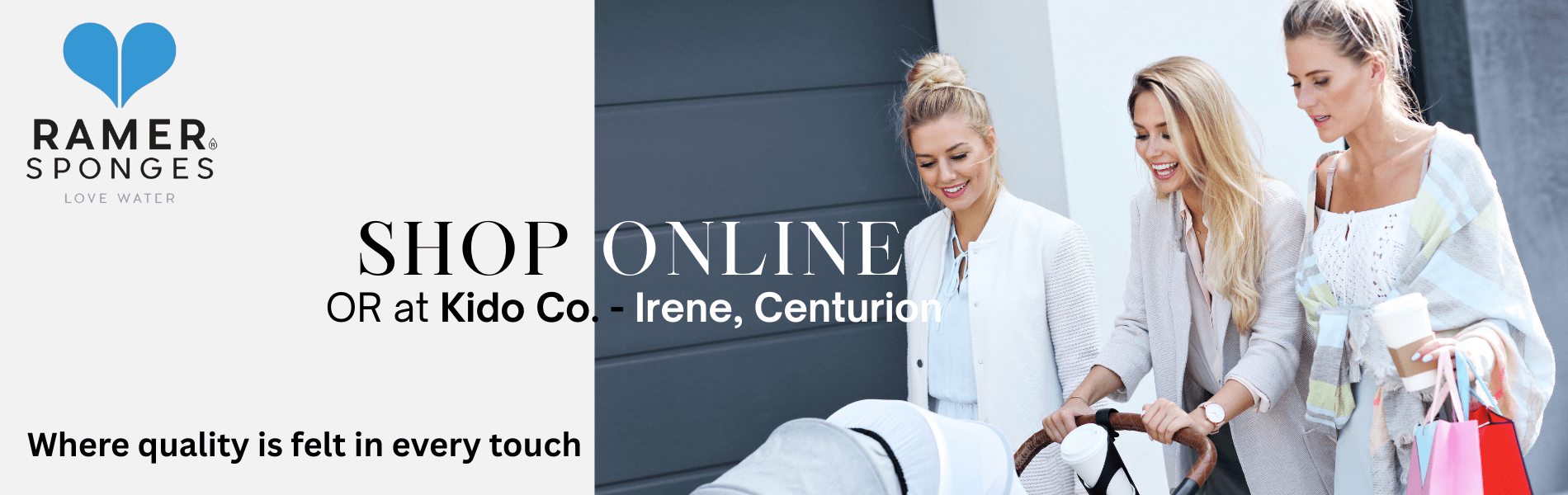 Happy group of female friends excited to have bought their full range of Ramer baby, body and cosmetic sponges caring for their skin